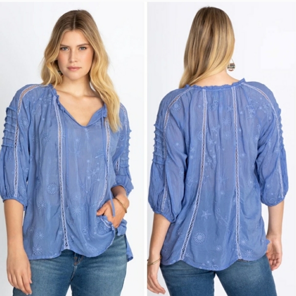 Johnny Was Celestin Tie Closure 3/4 Sleeve Pullover Embroidered Blouse Blue NWT - Picture 10 of 10